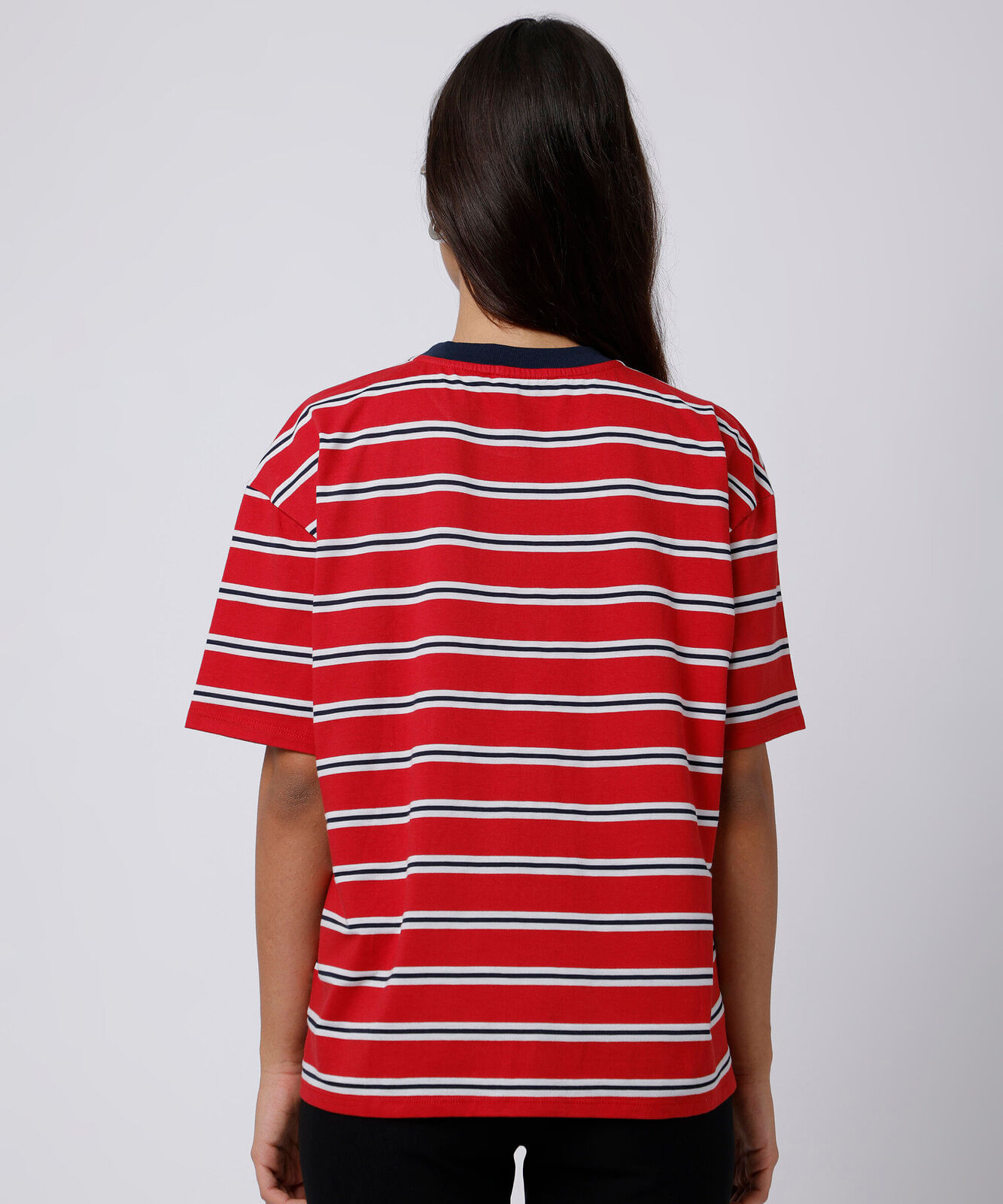 camiseta oversized feminina com algodão manga curta listrada mindset vermelha