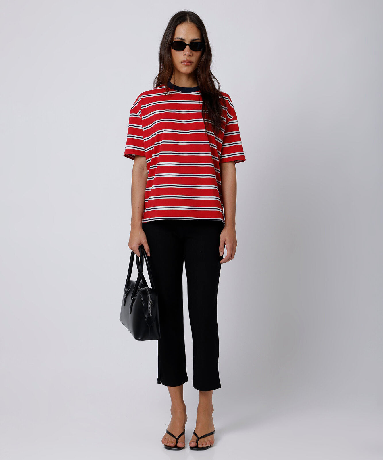 camiseta oversized feminina com algodão manga curta listrada mindset vermelha