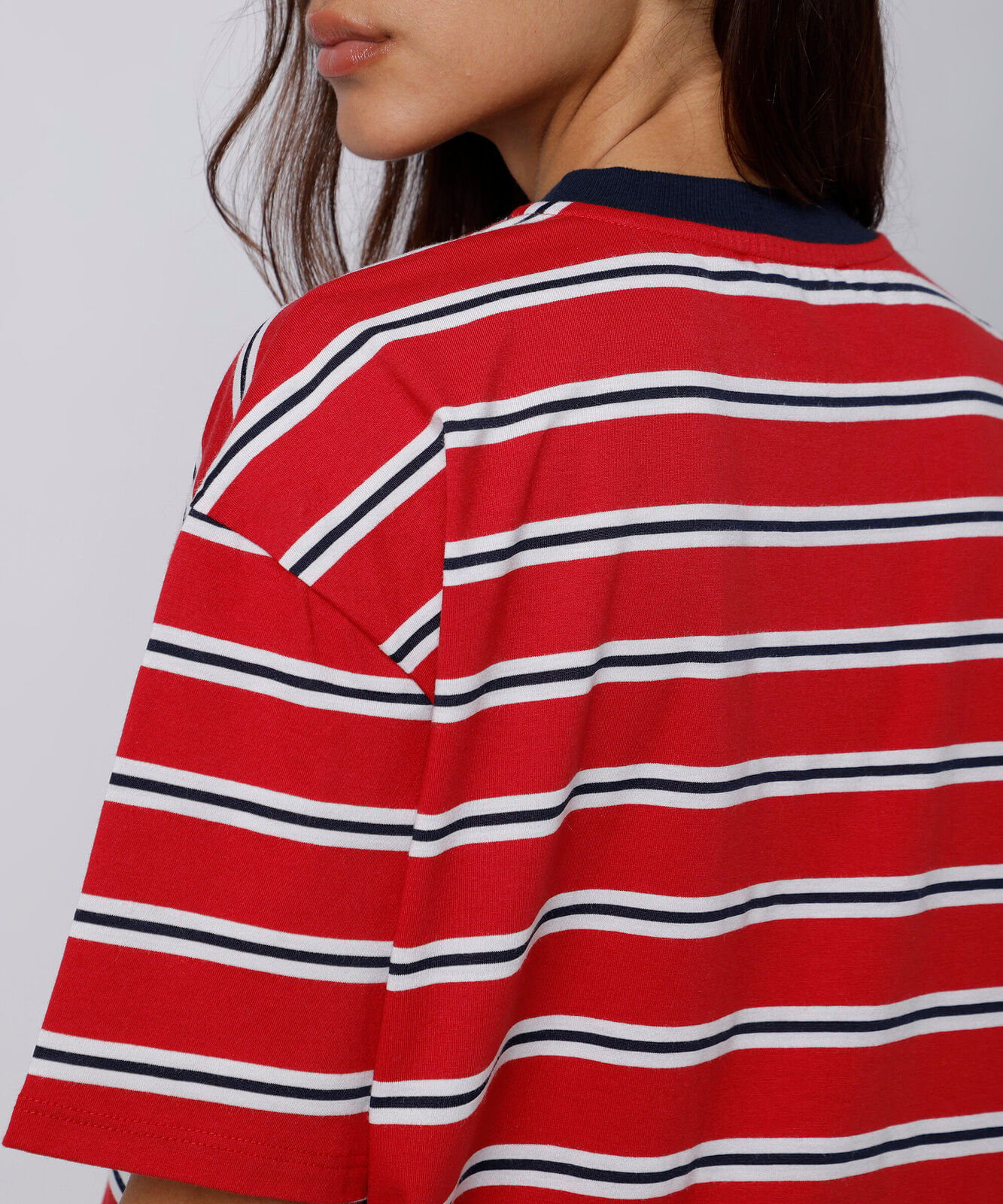 camiseta oversized feminina com algodão manga curta listrada mindset vermelha