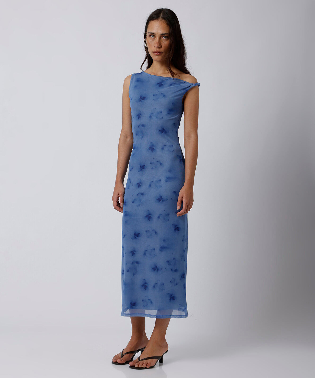 vestido midi feminino de tule floral mindset azul