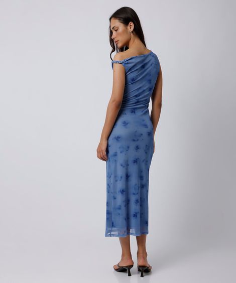 vestido midi feminino de tule floral mindset azul