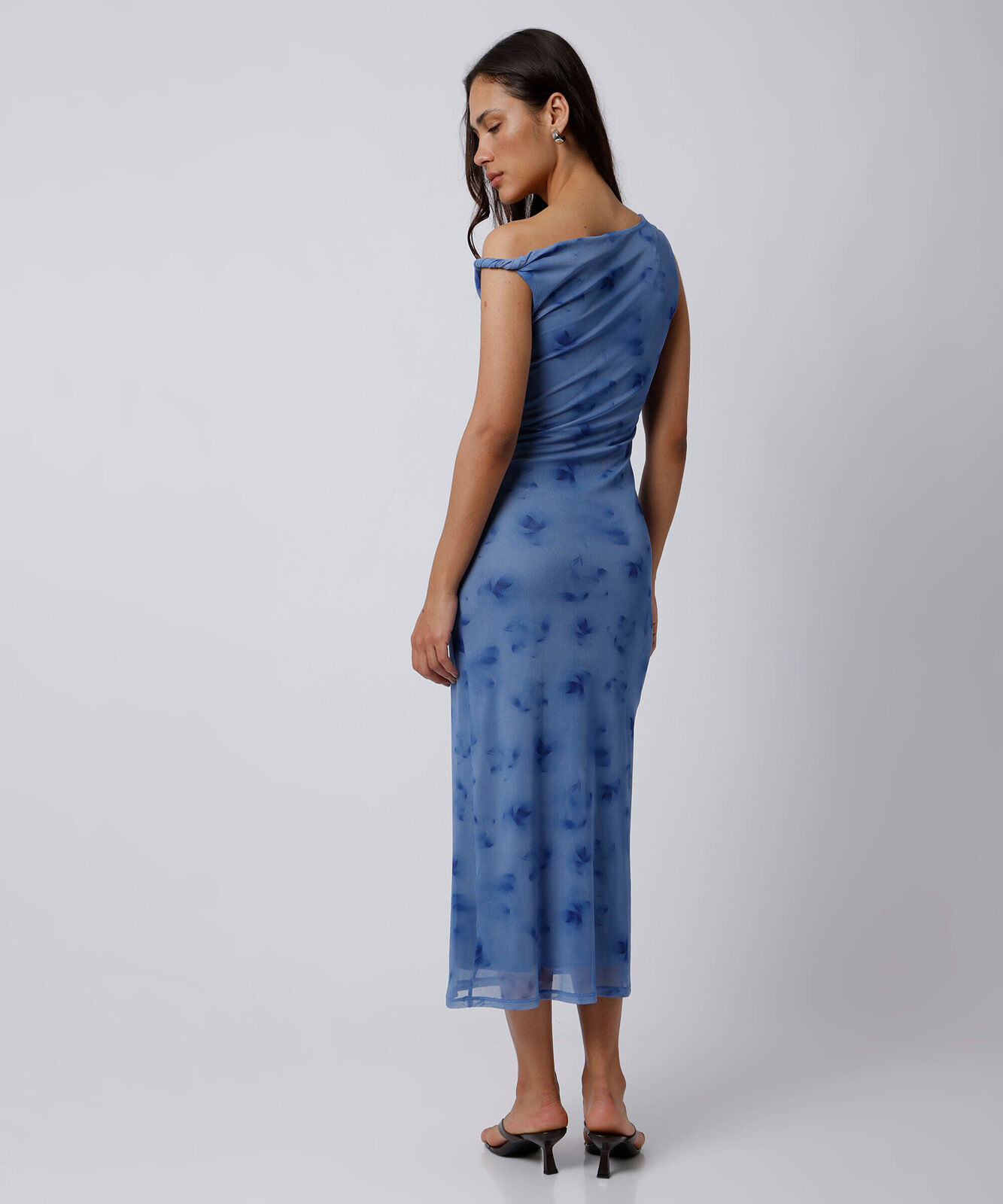 vestido midi feminino de tule floral mindset azul