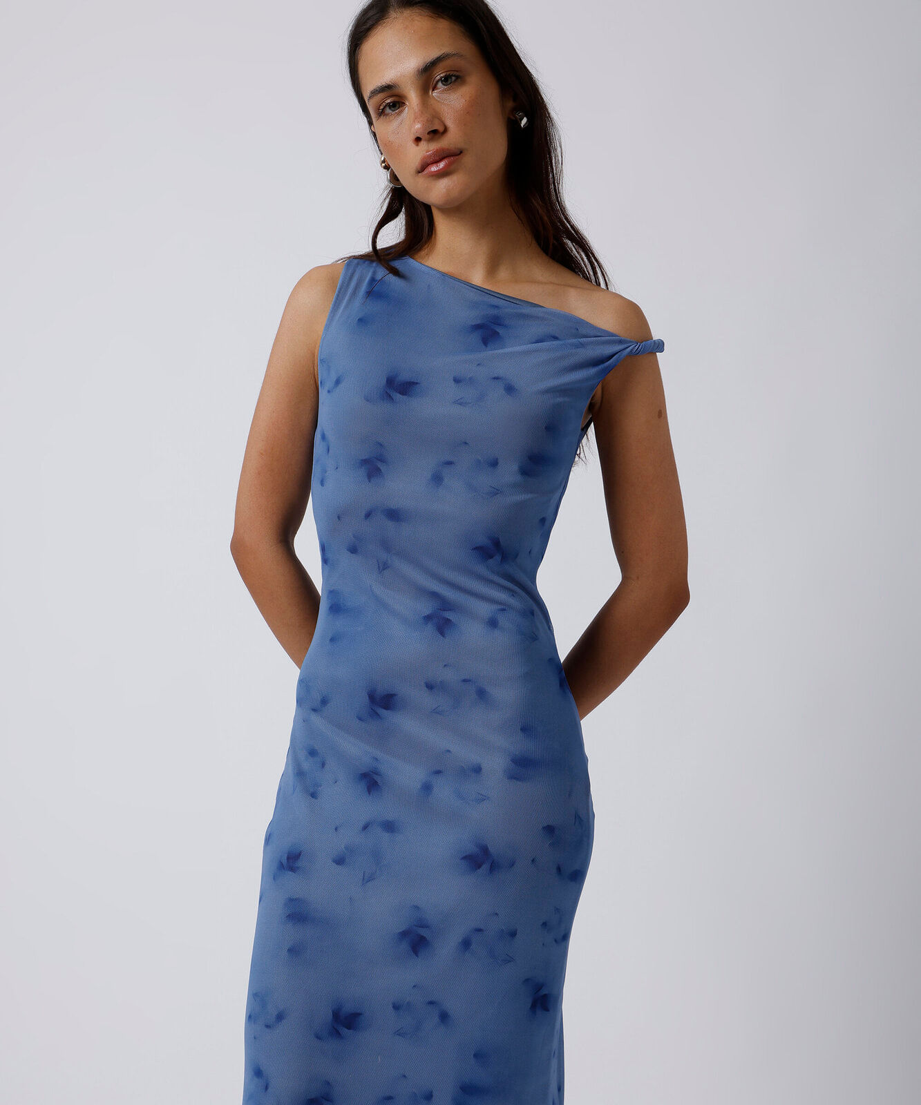 vestido midi feminino de tule floral mindset azul