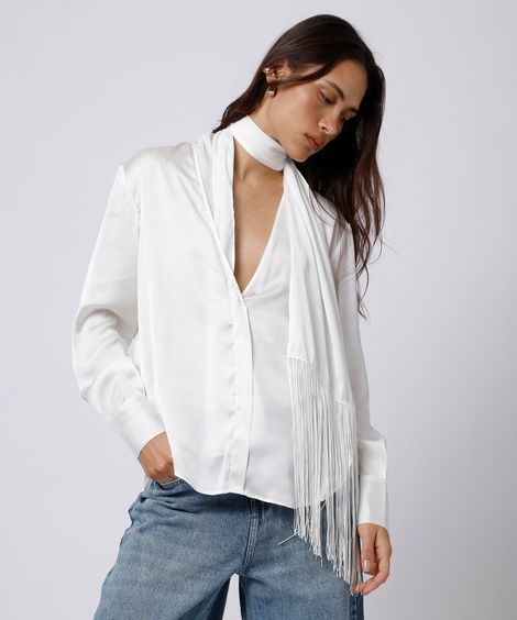 blusa feminina manga longa gola echarpe com franjas acetinada mindset off white