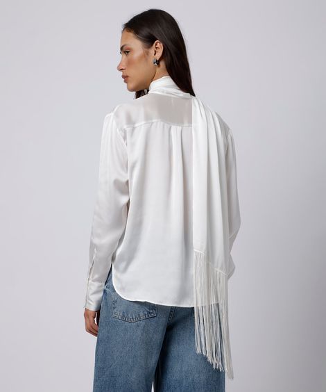 blusa feminina manga longa gola echarpe com franjas acetinada mindset off white