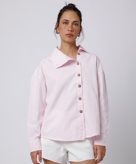 camisa feminina de algodão manga longa funnel neck mindset rosa