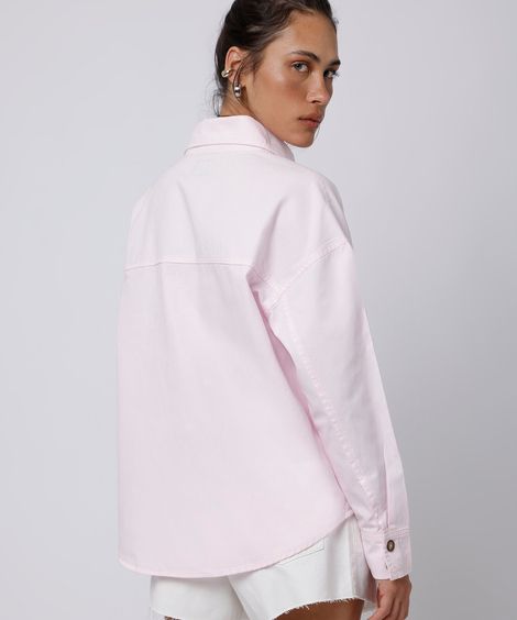 camisa feminina de algodão manga longa funnel neck mindset rosa