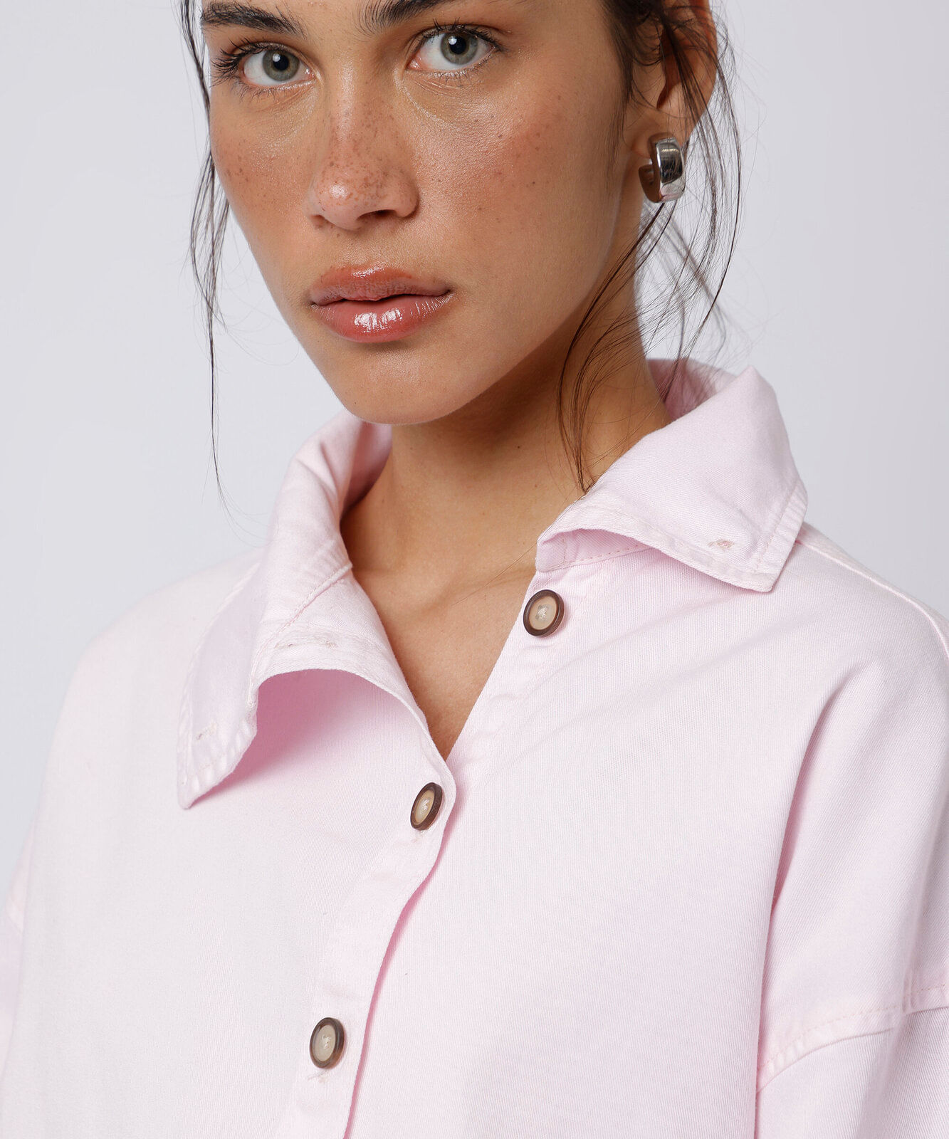 camisa feminina de algodão manga longa funnel neck mindset rosa
