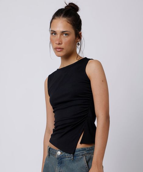 blusa feminina com viscose e fenda franzida mindset preta