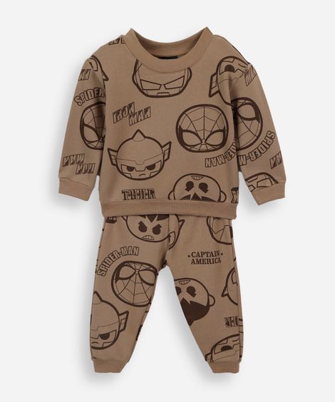 conjunto infantil de moletom com estampa heróis marvel bege