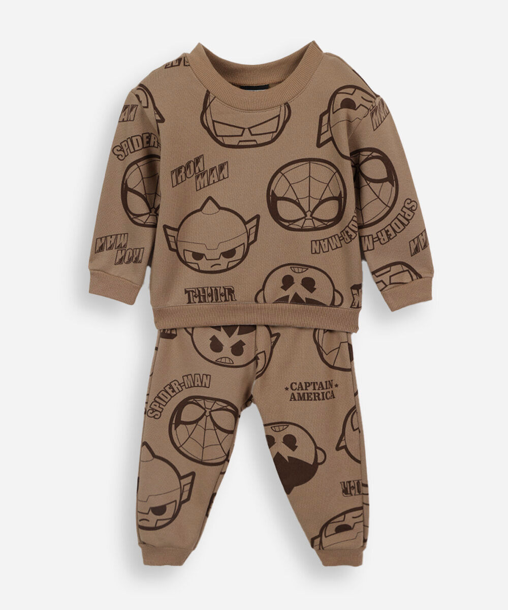 conjunto infantil de moletom com estampa heróis marvel bege