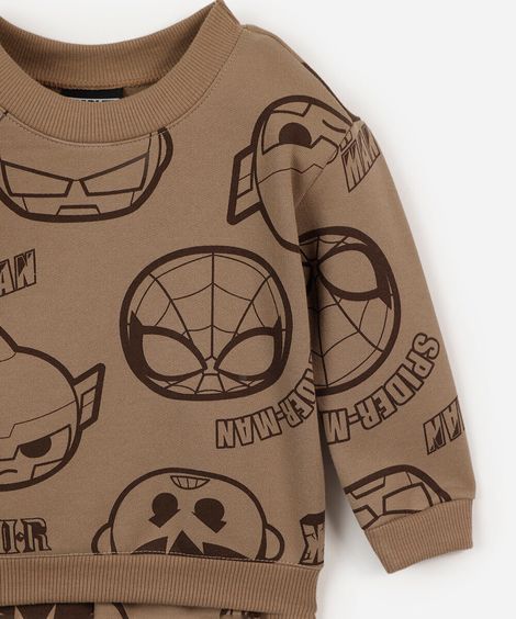 conjunto infantil de moletom com estampa heróis marvel bege