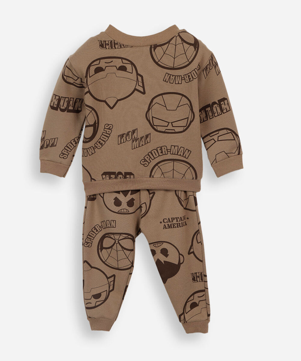 conjunto infantil de moletom com estampa heróis marvel bege