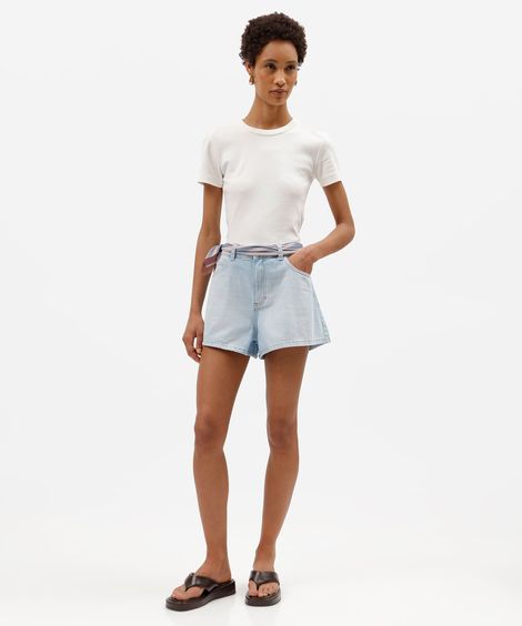 short feminino jeans cintura média com lenço azul