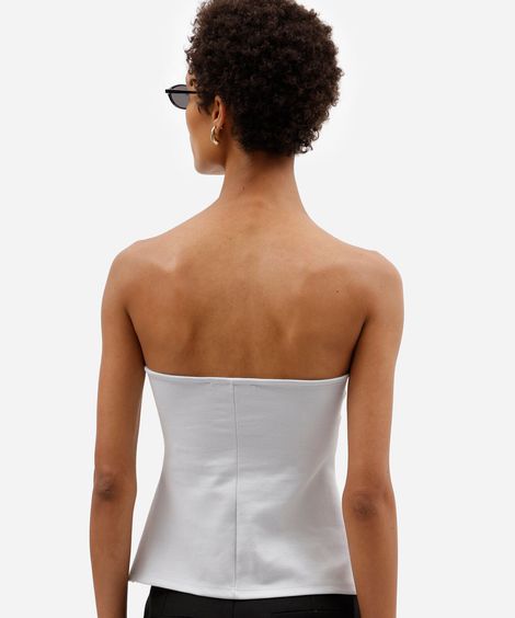 top feminino estruturado estilo corset sem alças com decote coração azul