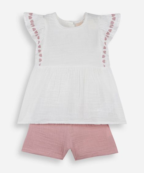 conjunto infantil curto com babados coração rosa