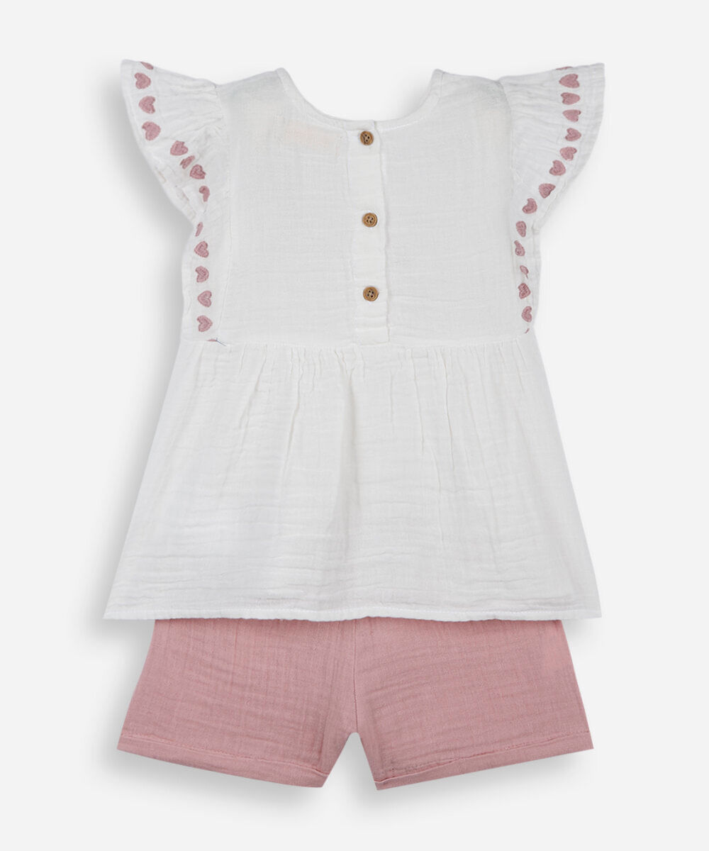 conjunto infantil curto com babados coração rosa