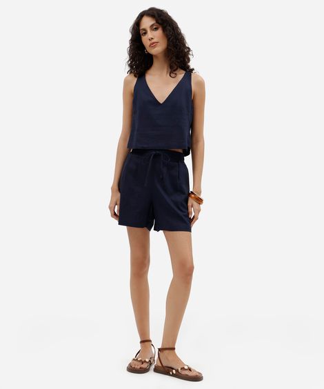 short feminino com linho e pregas cós elástico azul