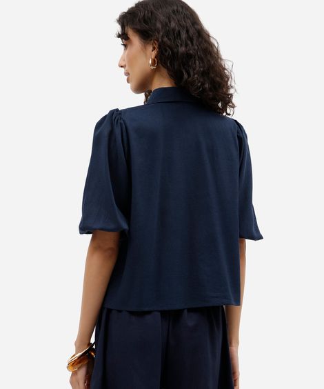 camisa feminina com linho manga bufante azul