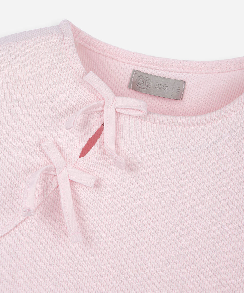 blusa infantil com detalhe de lacinhos no ombro rosa