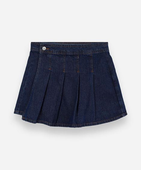 short saia juvenil jeans com pregas azul
