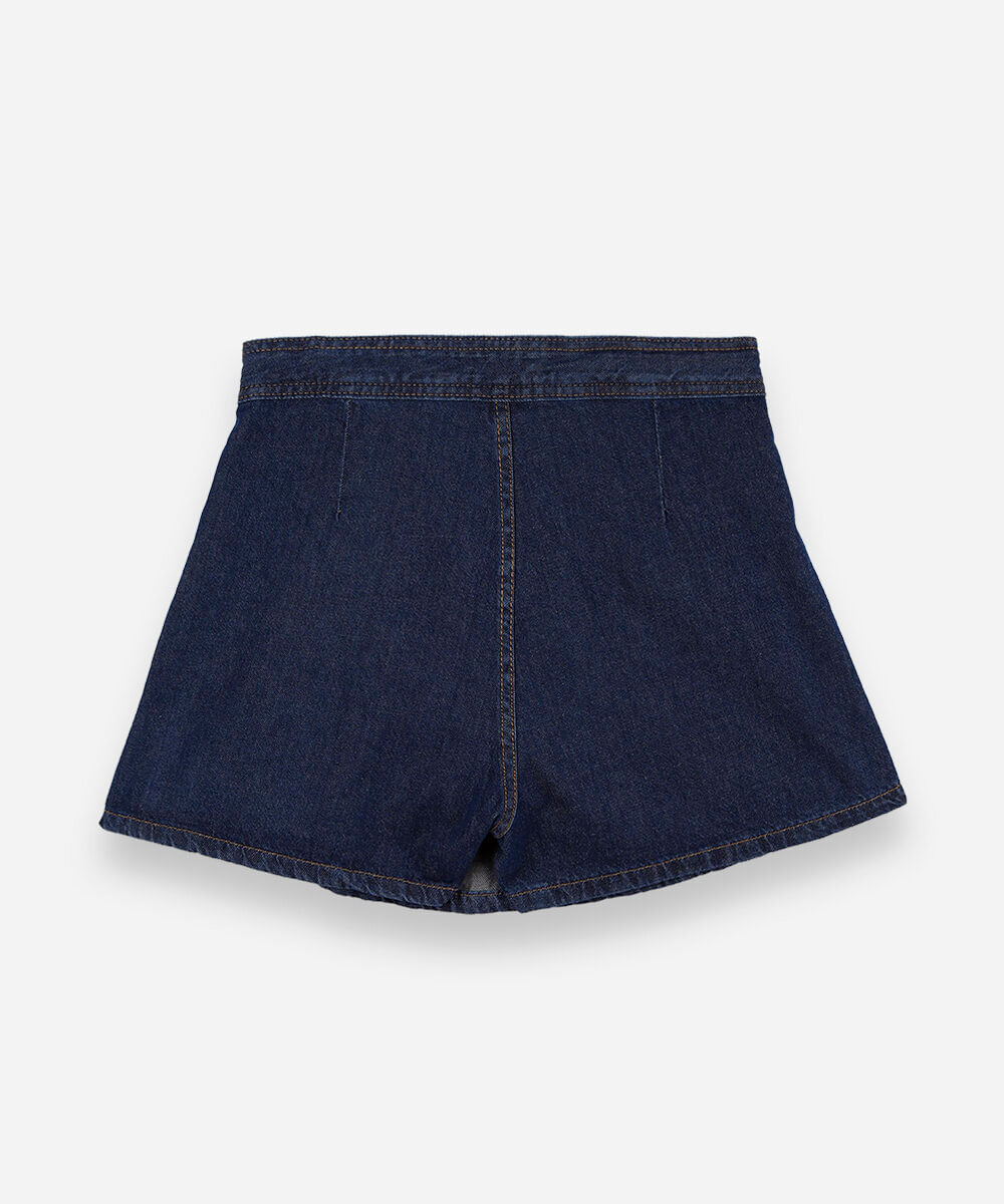 short saia juvenil jeans com pregas azul