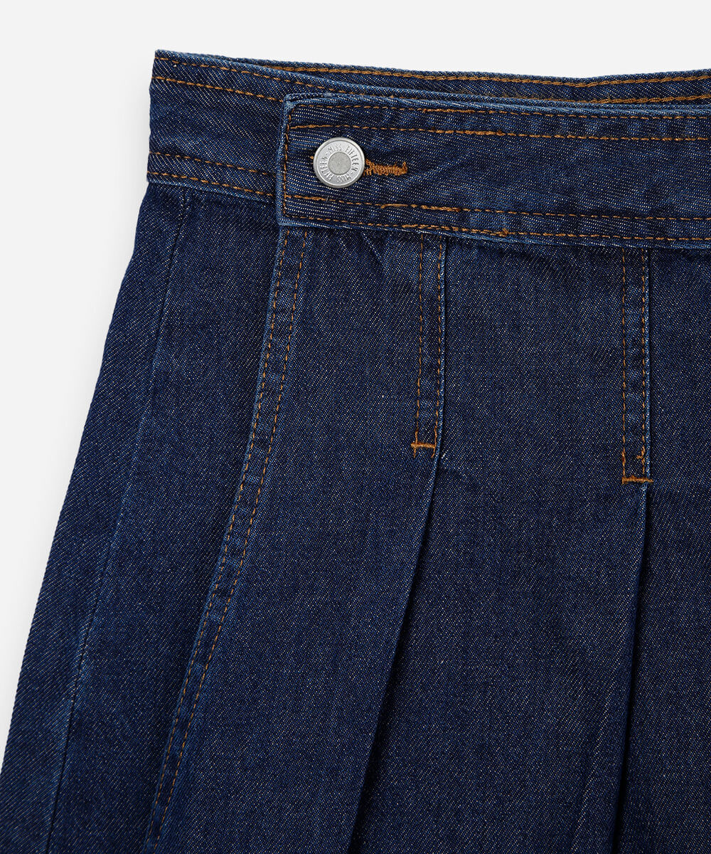 short saia juvenil jeans com pregas azul