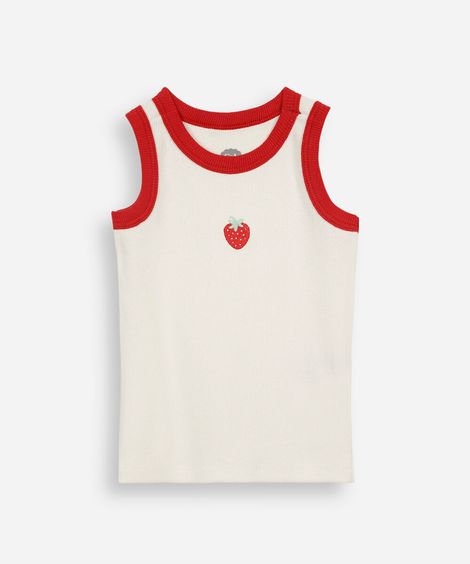 regata infantil de algodão com bordado morango canelada off white