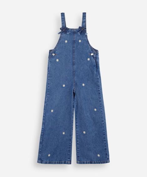 jardineira infantil jeans com bordado floral azul
