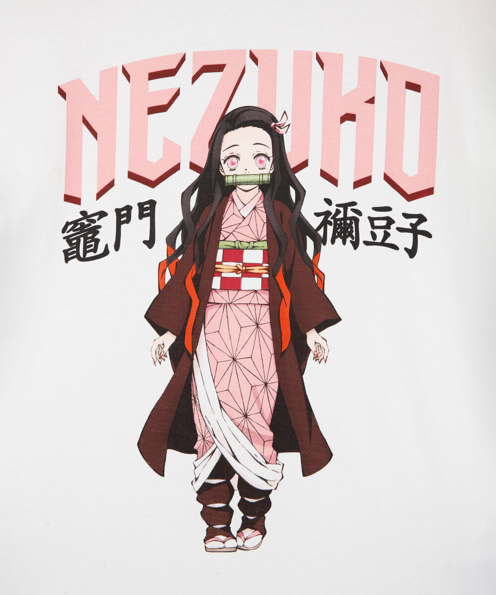 camiseta juvenil de algodão manga curta demon slayer off white