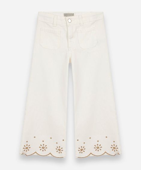 calça wide leg infantil de sarja com bordado off white