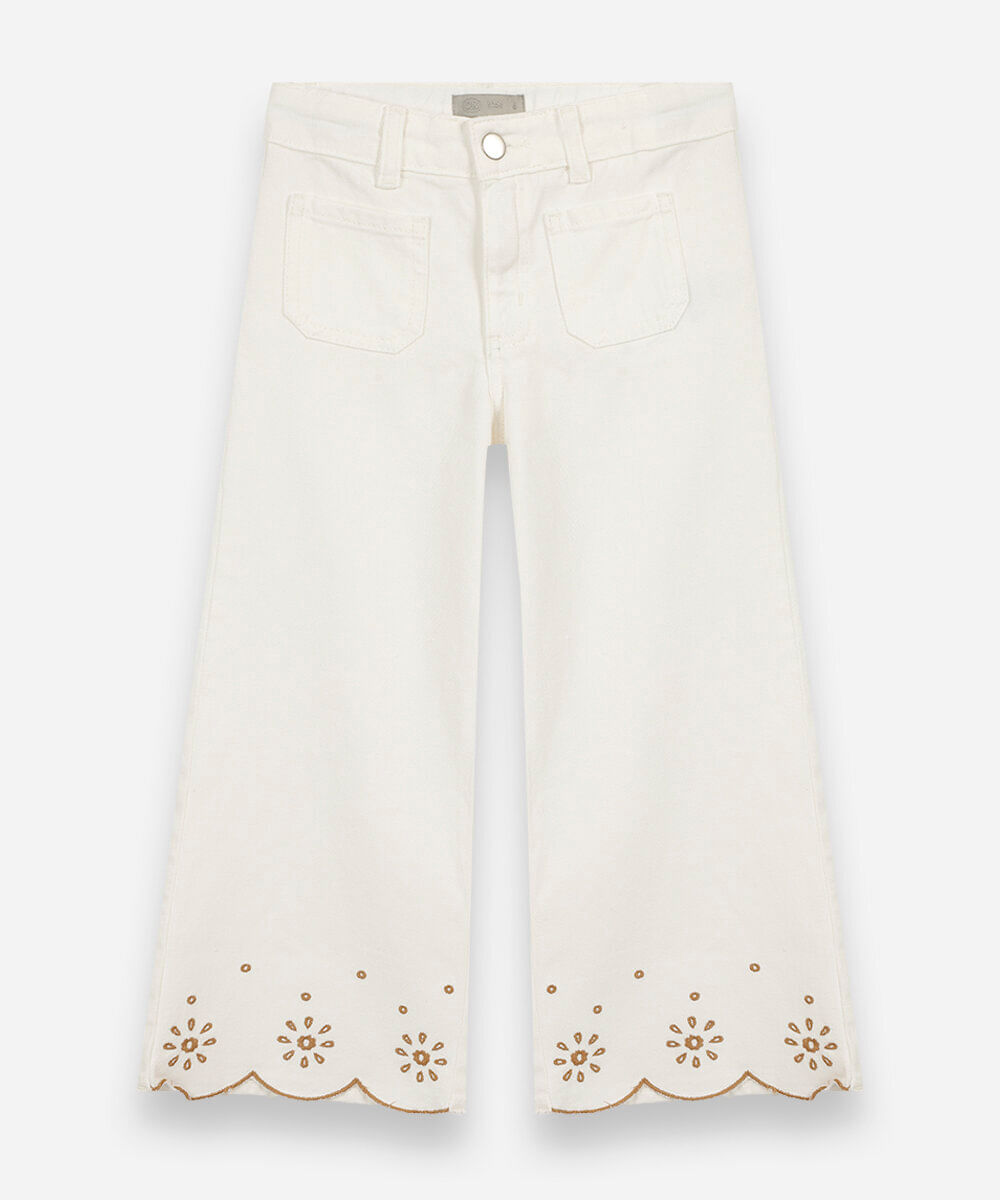 calça wide leg infantil de sarja com bordado off white
