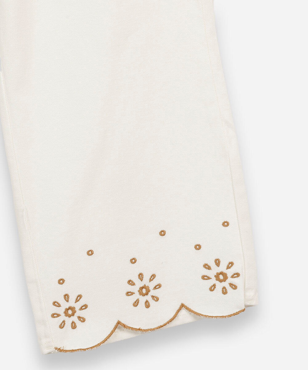 calça wide leg infantil de sarja com bordado off white