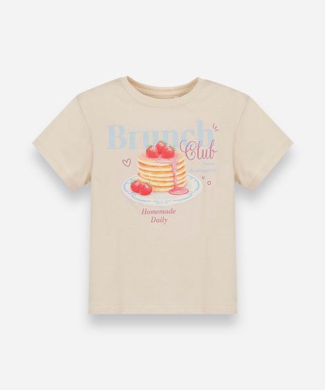 camiseta infantil de algodão manga curta estampada bege