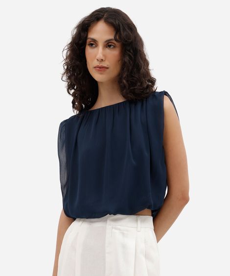blusa balonê feminina decote canoa franzida azul
