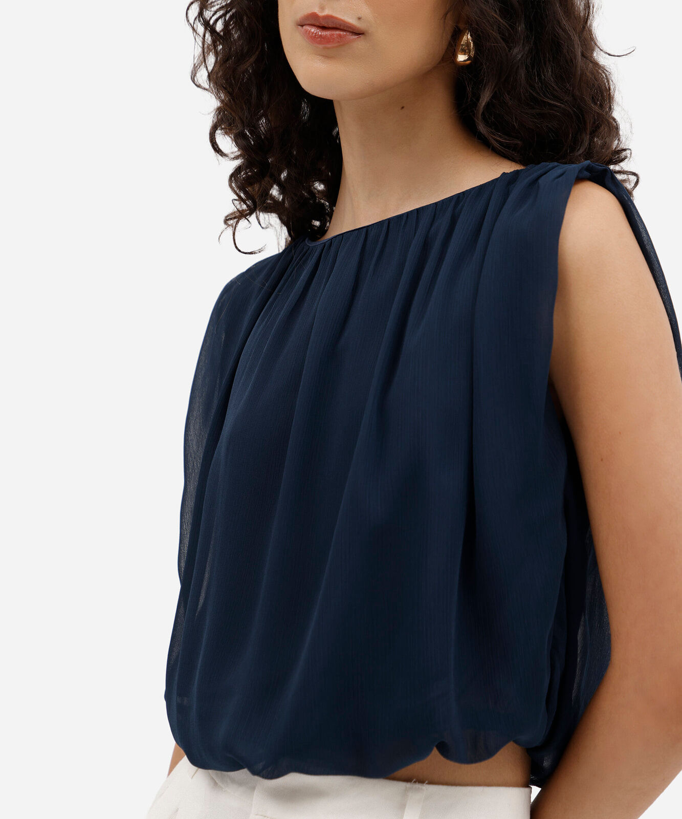 blusa balonê feminina decote canoa franzida azul