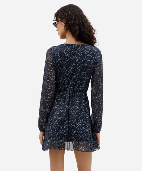 vestido curto feminino de tule decote v manga longa com babado poá azul