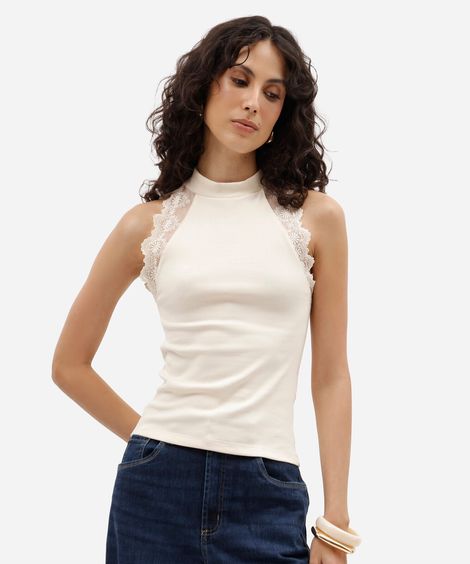 blusa feminina de algodão halterneck com renda off white