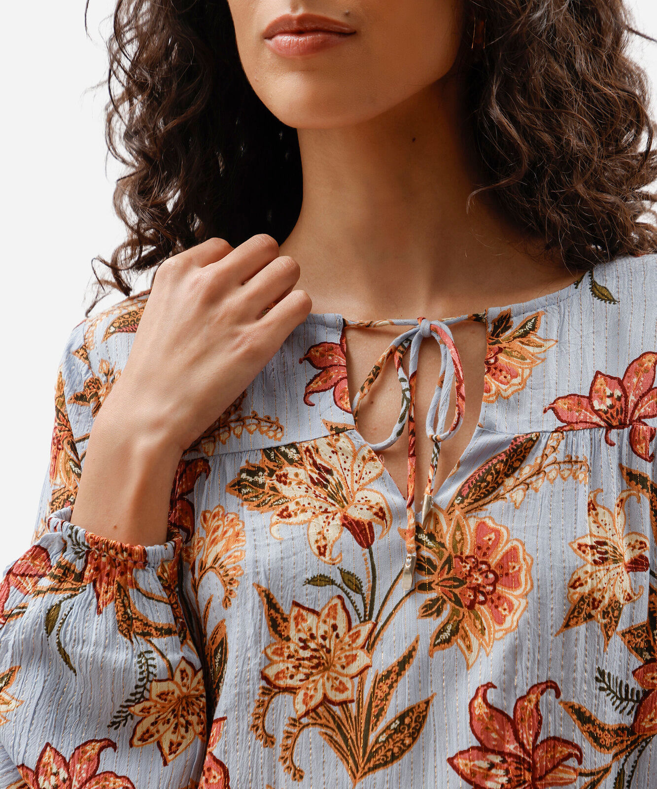 bata feminina de viscose com lurex floral azul