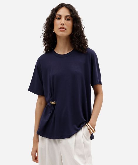 blusa oversized feminina de viscose manga curta com fivela azul