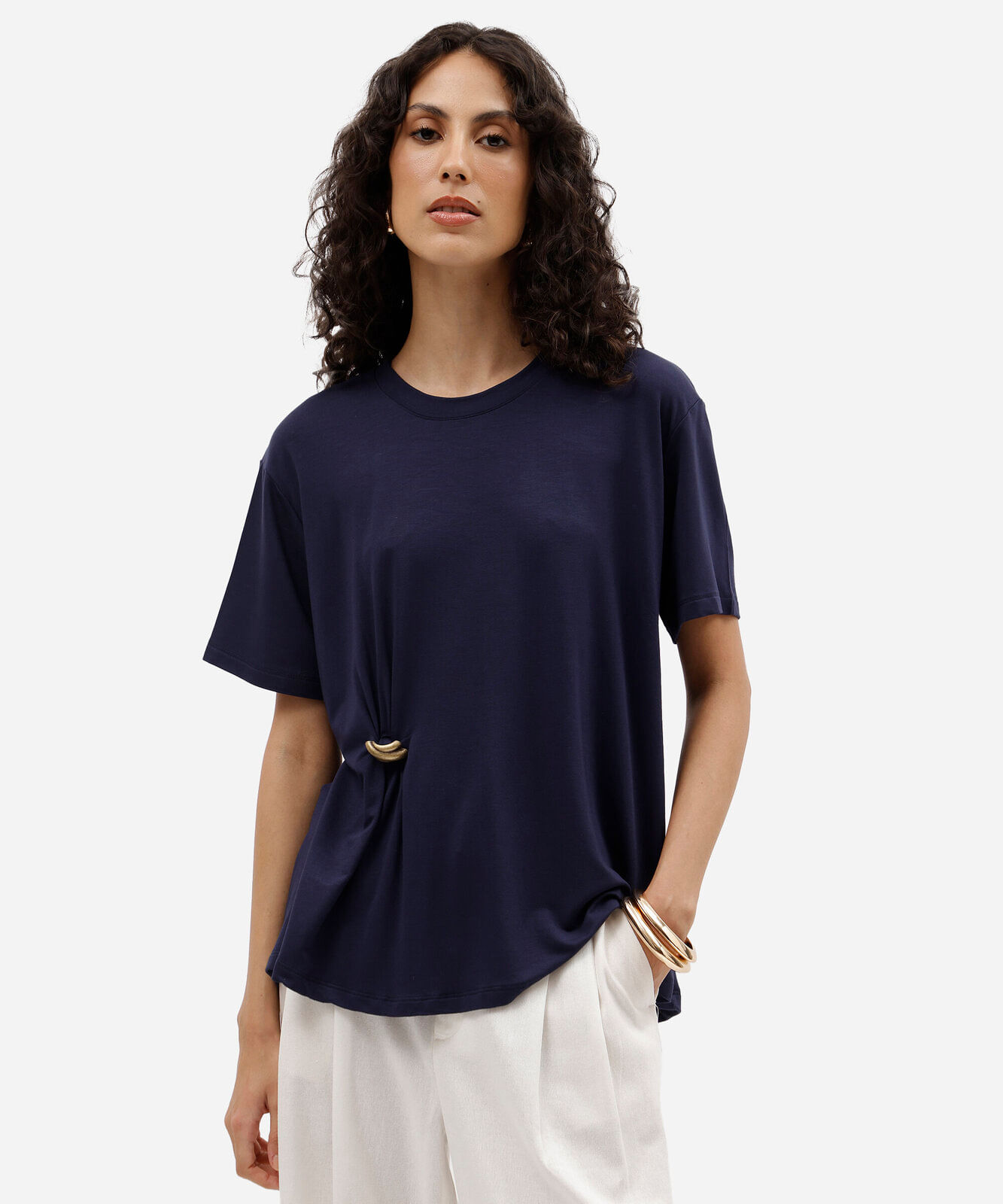 blusa oversized feminina de viscose manga curta com fivela azul