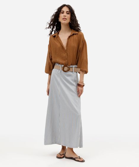 saia midi feminina com linho e cinto listrada azul