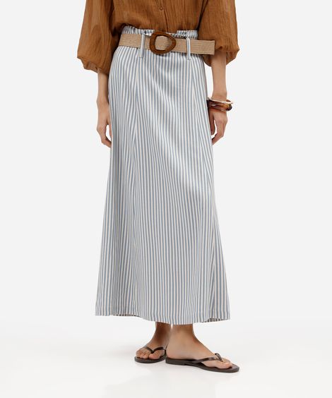 saia midi feminina com linho e cinto listrada azul