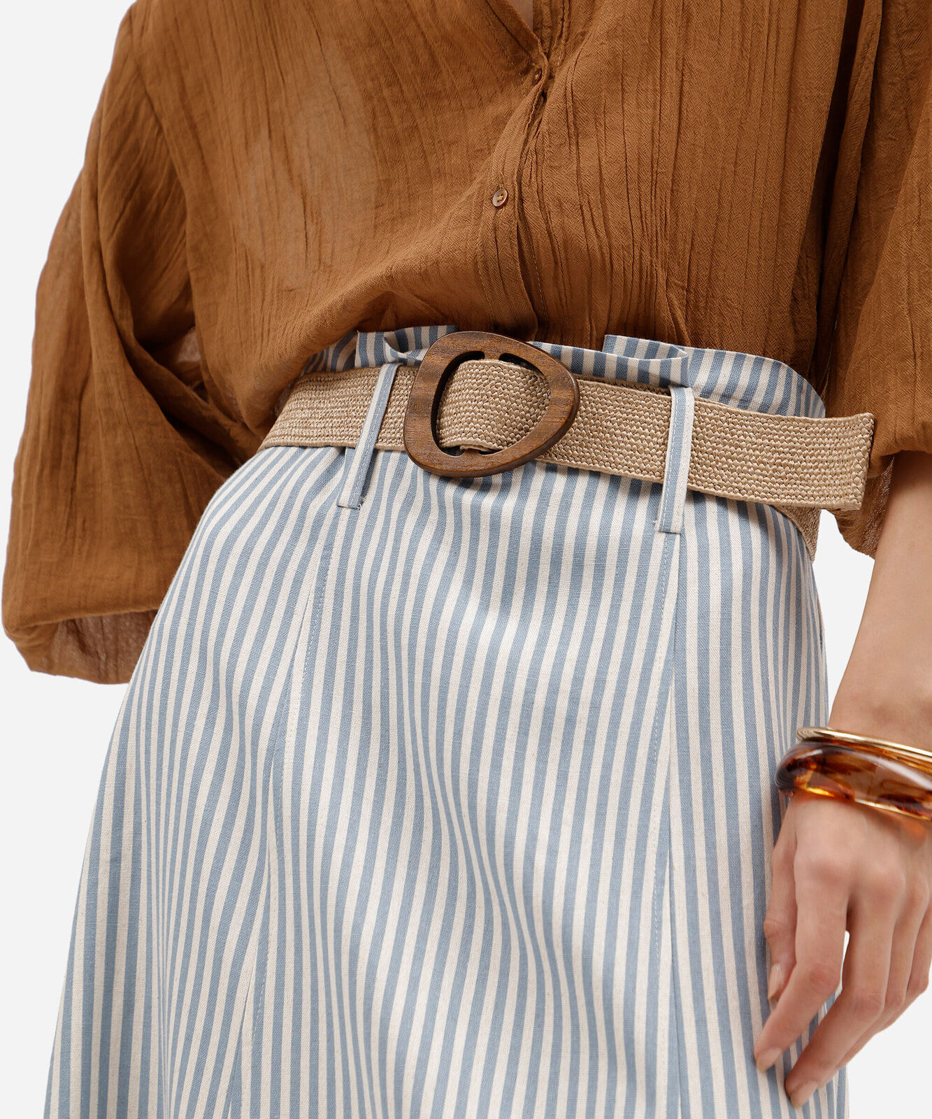 saia midi feminina com linho e cinto listrada azul