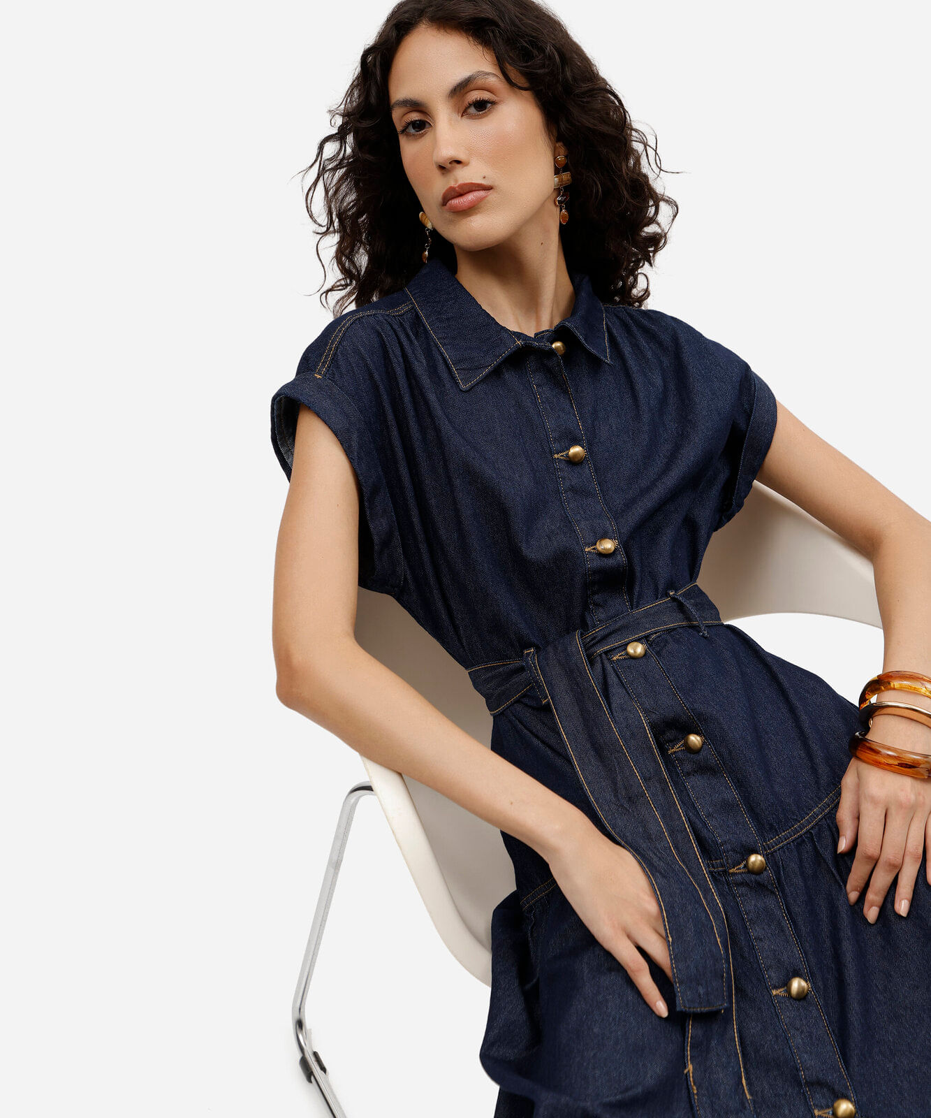 vestido midi chemise feminino jeans manga curta com faixa azul