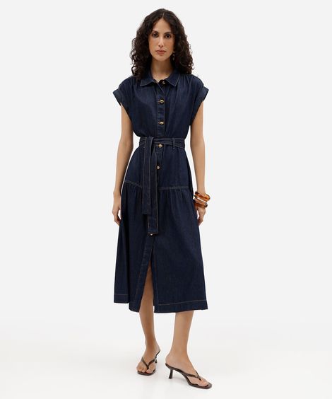 vestido midi chemise feminino jeans manga curta com faixa azul