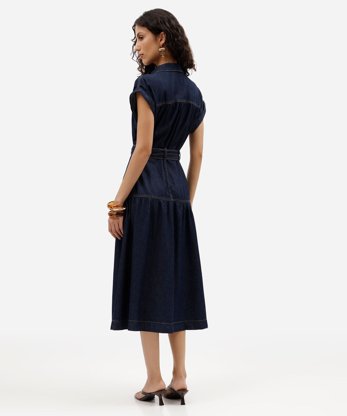 vestido midi chemise feminino jeans manga curta com faixa azul