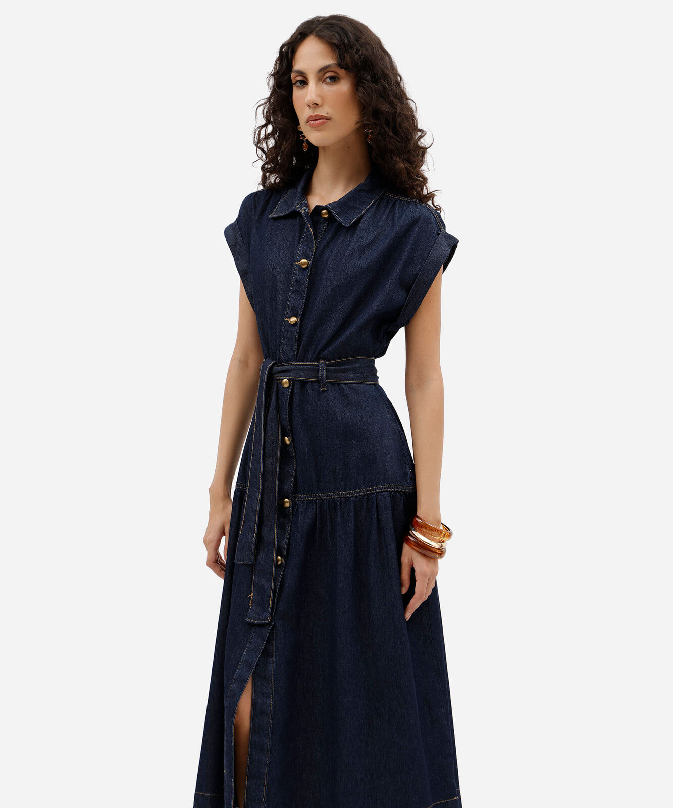 vestido midi chemise feminino jeans manga curta com faixa azul
