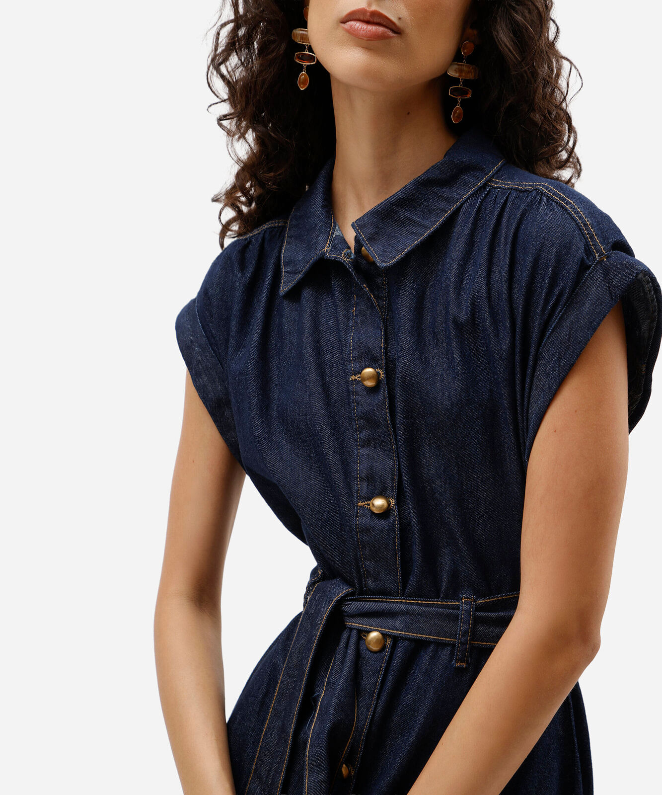 vestido midi chemise feminino jeans manga curta com faixa azul