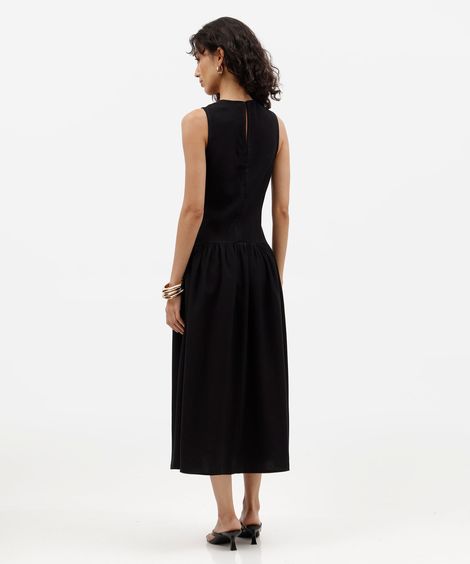 vestido midi feminino com viscose franzido preto